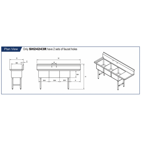 GSW SH24243R *	3 Compartment Sink - Right Drain Board