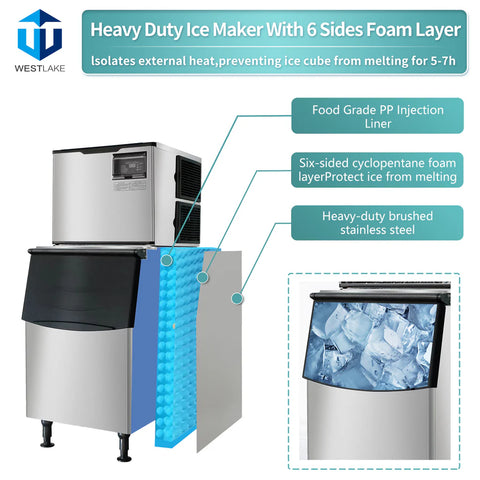 WESTLAKE SK-529 Commercial 500 lb. Air Cooled Cube Ice Maker Machine with 440 lb. Insulated Bin — ETL & Energy Star Certified