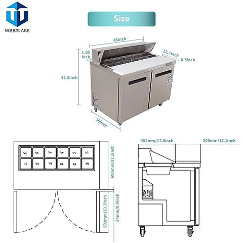 Westlake 48 Inch Double Door Sandwich Prep Table Fridge WKSR-48B