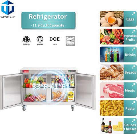WESTLAKE WKTR-48B 48" Double Door Stainless Steel Lowboy Cooler Worktop Fridge 12 Cu.ft
