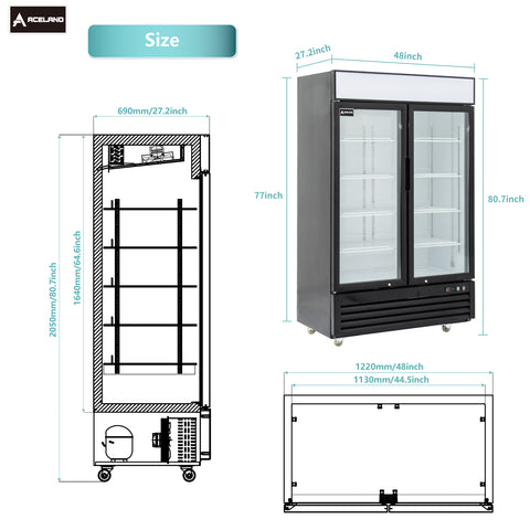 Aceland APR-48BG 48" Double Swing Door Merchandiser Refrigerator 36 cu.ft