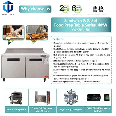 Westlake 48 Inch Double Door Sandwich Prep Table Fridge WKSR-48B