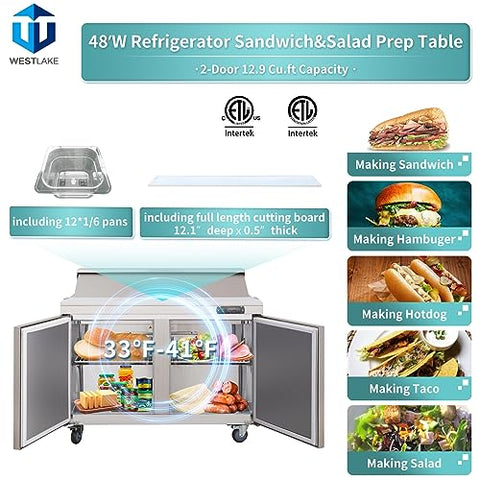 Westlake 48 Inch Double Door Sandwich Prep Table Fridge WKSR-48B