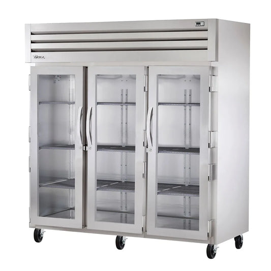 True STR3R-3G-HC 77 3/4" Three Section Reach In Refrigerator, (3) Left/Right Hinge Glass Doors, 115v