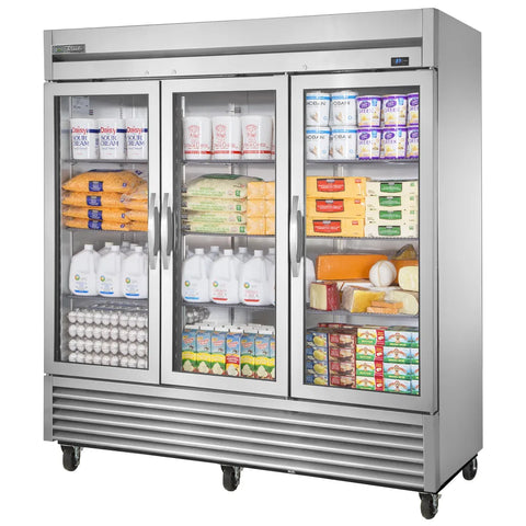True T-72G-HC~FGD01 78 1/10" Three Section Reach In Refrigerator, (3) Left/Right Hinge Glass Doors, 115v