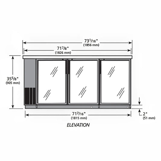 True TBB24-72-3G-Z1-SFT-B-1 72 1/8" Bar Refrigerator - 3 Swinging Glass Doors, Black, 115v