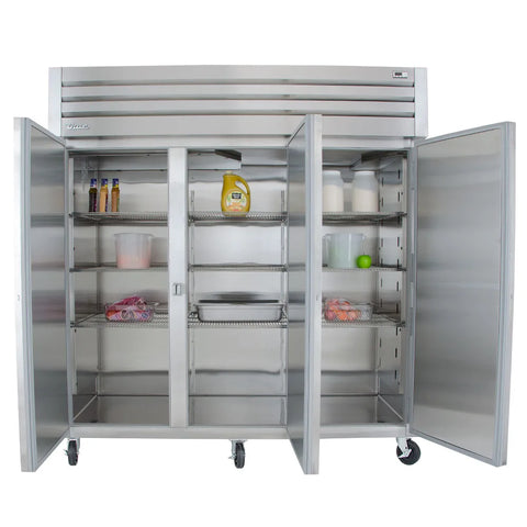 True STR3R-3S 77 3/4" Three Section Reach In Refrigerator, (3) Left/Right Hinge Solid Doors, 115v