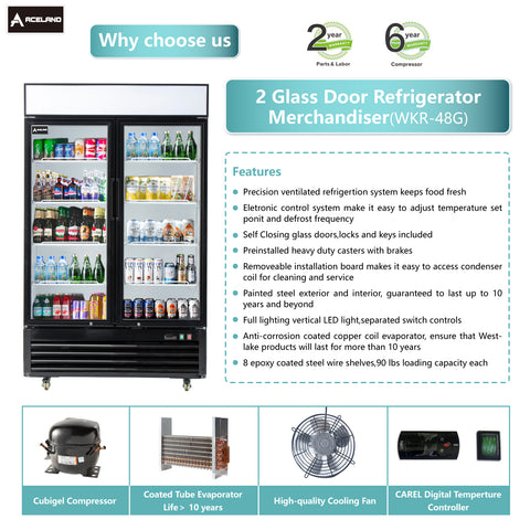 Aceland APR-48BG 48" Double Swing Door Merchandiser Refrigerator 36 cu.ft