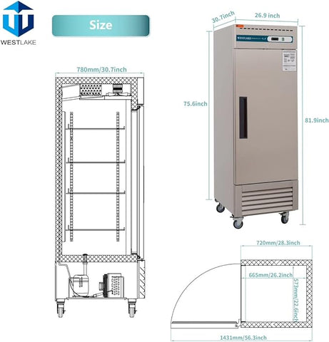 WESTLAKE WKF-23B Commercial Freezer 27"W Stainless Steel Reach-in Solid Single Door Upright Fan Cooling 23 Cu.ft Freezer for Restaurant, Bar, Shop, etc