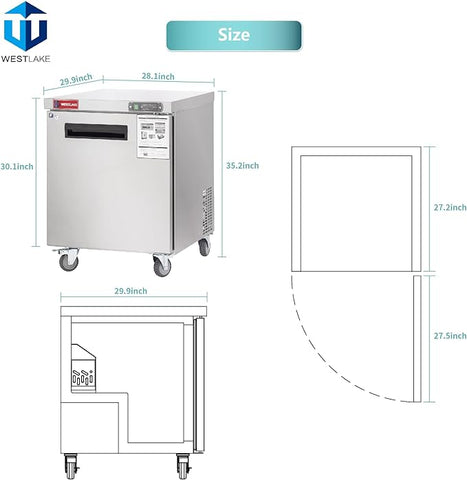 WESTLAKE WKTF-27B 28" W Commercial Freezer Worktop Undercounter Freezer 6.4 Cu.ft Single Door Stainless Steel Counter Fan Cooling Freezer Food Prep Station for Restaurant, Bar Equipment