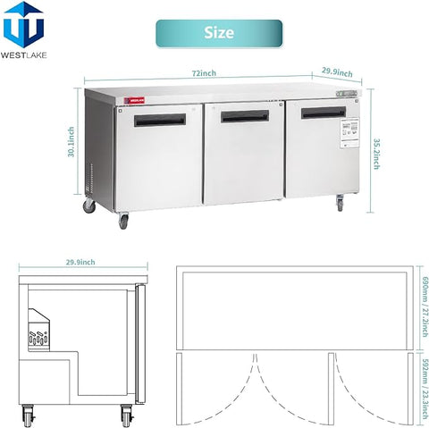 WESTLAKE WKTR-72B 72" W Commercial Refrigerator Worktop Undercounter Refrigerator 17.7 Cu.ft Single Door Stainless Steel Counter Fan Cooling Refrigerator Food Prep Station for Restaurant, Bar  Equipment