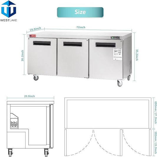 WESTLAKE WKTF-72B 72" W Commercial Freezer Worktop Undercounter Freezer 17.7 Cu.ft Single Door Stainless Steel Counter Fan Cooling Freezer Food Prep Station for Restaurant, Bar Equipment