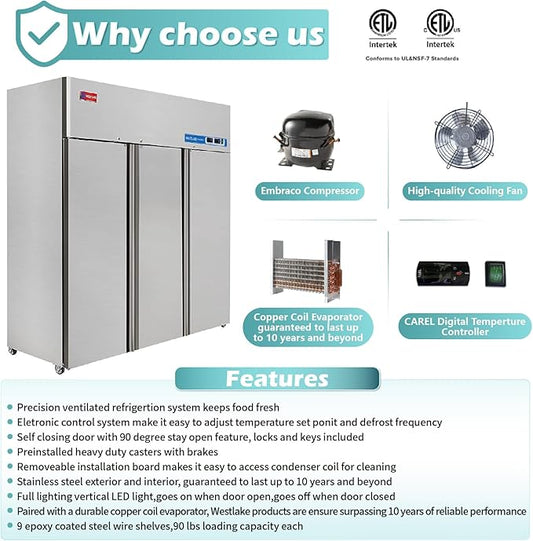 WESTLAKE WK-72RF Commercial Refrigerator and Freezer Combo 72" W 3 door 3 Section Stainless Steel Reach in Solid door Fan Cooling 54 Cu.ft Refrigerator and Freezer Combo for Restuarant, Bar, Shop, etc