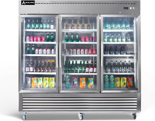Aceland AR-82BG 82" W Commercial Display Refrigerator Merchandiser 3 Glass Door 3 Section Stainless Steel Reach-in Glass Door Upright Fan Cooling 72 Cu.ft