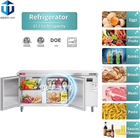 WESTLAKE WKTR-72B 72" W Commercial Refrigerator Worktop Undercounter Refrigerator 17.7 Cu.ft Single Door Stainless Steel Counter Fan Cooling Refrigerator Food Prep Station for Restaurant, Bar  Equipment
