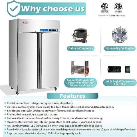 WESTLAKE Commercial Freezer 48"W 2 door 2 Section Stainless Steel Reach in Solid door Fan Cooling 36 Cu.ft Freezer for Restuarant, Bar, Shop, etc
