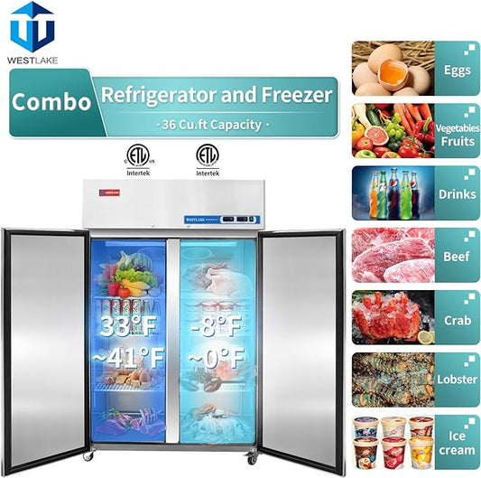 WESTLAKE WK-48F Commercial Freezer 48"W 2 door 2 Section Stainless Steel Reach in Solid door Fan Cooling 36 Cu.ft Freezer for Restuarant, Bar, Shop, etc