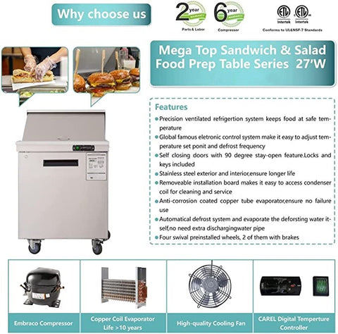 Aceland ASR-27BM Stainless Steel Single Door Food Prep Table Refrigerator-28 Inches