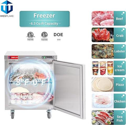 WESTLAKE WKTF-27B 28" W Commercial Freezer Worktop Undercounter Freezer 6.4 Cu.ft Single Door Stainless Steel Counter Fan Cooling Freezer Food Prep Station for Restaurant, Bar Equipment