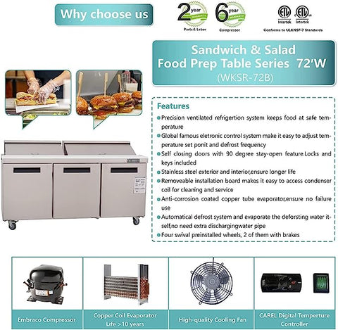 Aceland ASR-72B Stainless Steel Three Door Food Prep Refrigerator-72 Inches