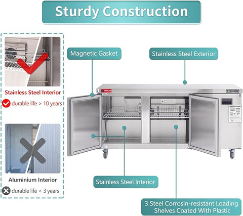 WESTLAKE WKTR-72B 72" W Commercial Refrigerator Worktop Undercounter Refrigerator 17.7 Cu.ft Single Door Stainless Steel Counter Fan Cooling Refrigerator Food Prep Station for Restaurant, Bar  Equipment