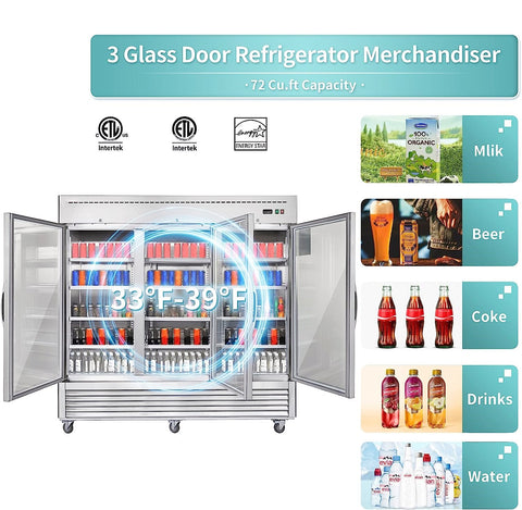 Aceland AR-82BG 82" W Commercial Display Refrigerator Merchandiser 3 Glass Door 3 Section Stainless Steel Reach-in Glass Door Upright Fan Cooling 72 Cu.ft
