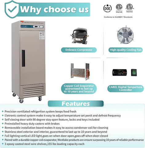 WESTLAKE WKF-23B Commercial Freezer 27"W Stainless Steel Reach-in Solid Single Door Upright Fan Cooling 23 Cu.ft Freezer for Restaurant, Bar, Shop, etc