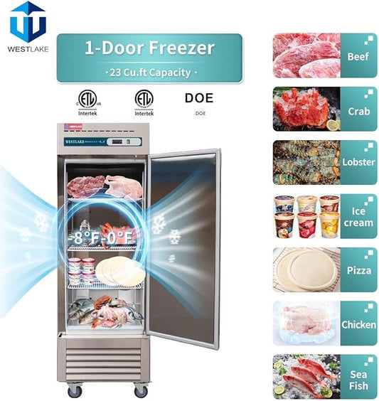WESTLAKE WKF-23B Commercial Freezer 27"W Stainless Steel Reach-in Solid Single Door Upright Fan Cooling 23 Cu.ft Freezer for Restaurant, Bar, Shop, etc