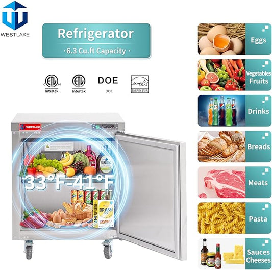 WESTLAKE WKTR-27B 28" W Commercial Refrigerator Worktop Undercounter Refrigerator 6.3 Cu.ft Single Door Stainless Steel Counter Fan Cooling Refrigerator Food Prep Station for Restaurant, Bar  Equipment