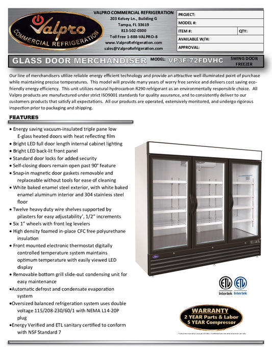 Valpro VP3F-72FDVHC 3 Glass Swing Door Freezer, 72. Cu.Ft.