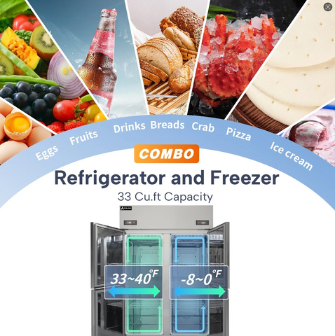 Aceland ARF-128 48" Commercial Refrigerator Freezer Combo 4 Split Door 33 Cu.ft Stainless