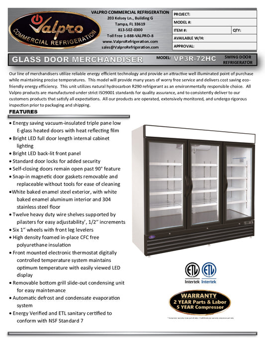 Valpro VP3R-72HC 3 Glass Door 72 cu. ft. Refrigerator