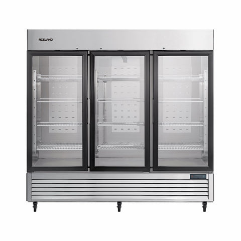 Aceland ICE-83FG 82" W Commercial Display Freezer Merchandiser 3 Glass Door 3 Section Stainless Steel Reach-In Glass Door Upright Air Cooling 72 Cu.Ft