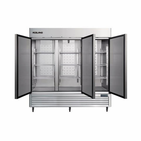 Aceland ICE-83FG 82" W Commercial Display Freezer Merchandiser 3 Glass Door 3 Section Stainless Steel Reach-In Glass Door Upright Air Cooling 72 Cu.Ft