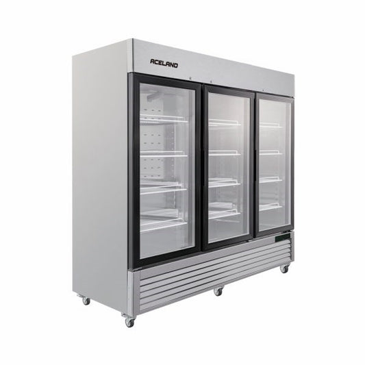 Aceland ICE-83FG 82" W Commercial Display Freezer Merchandiser 3 Glass Door 3 Section Stainless Steel Reach-In Glass Door Upright Air Cooling 72 Cu.Ft