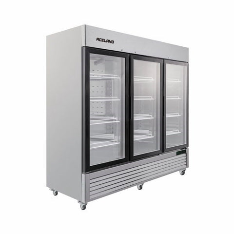 Aceland ICE-83FG 82" W Commercial Display Freezer Merchandiser 3 Glass Door 3 Section Stainless Steel Reach-In Glass Door Upright Air Cooling 72 Cu.Ft