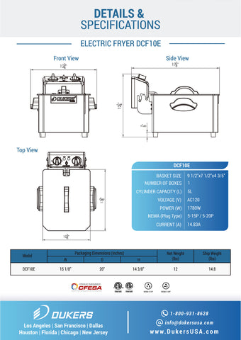 Dukers DCF10E One Basket Electric Fryer