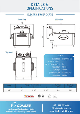 Dukers DCF7E One Basket Electric Fryer