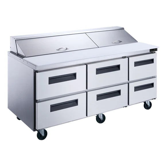 Dukers DSP72-30M-D6 6-Drawer Megatop Commercial Food Prep Table Refrigerator in Stainless Steel
