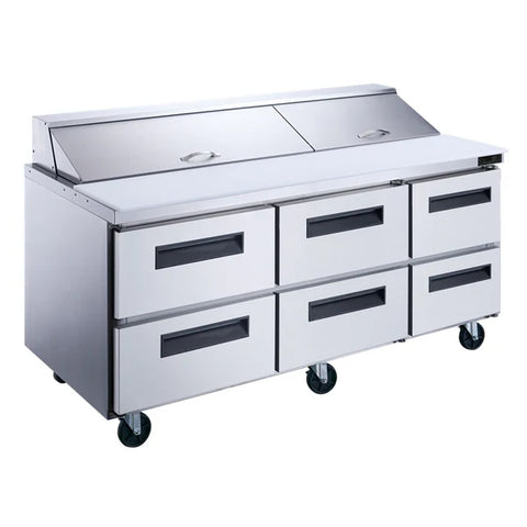Dukers DSP72-30M-D6 6-Drawer Megatop Commercial Food Prep Table Refrigerator in Stainless Steel