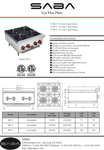 SABA HP-4 4 Plate Gas Hot Plate 100,000 BTU