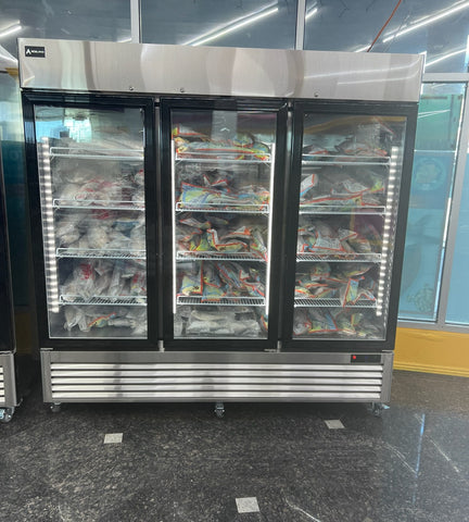Aceland ICE-83FG 82" W Commercial Display Freezer Merchandiser 3 Glass Door 3 Section Stainless Steel Reach-In Glass Door Upright Air Cooling 72 Cu.Ft