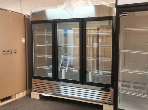 Aceland ICE-83FG 82" W Commercial Display Freezer Merchandiser 3 Glass Door 3 Section Stainless Steel Reach-In Glass Door Upright Air Cooling 72 Cu.Ft