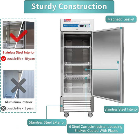 Westlake WKR-23B Commercial Refrigerator, 27" W Reach in Fridge Solid 1 Door 23 Cu.ft Upright Cooler for Restaurant, Bar, Shop, etc