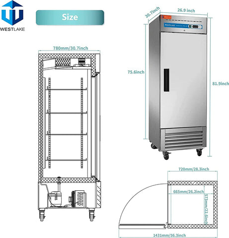 Westlake WKR-23B Commercial Refrigerator, 27" W Reach in Fridge Solid 1 Door 23 Cu.ft Upright Cooler for Restaurant, Bar, Shop, etc