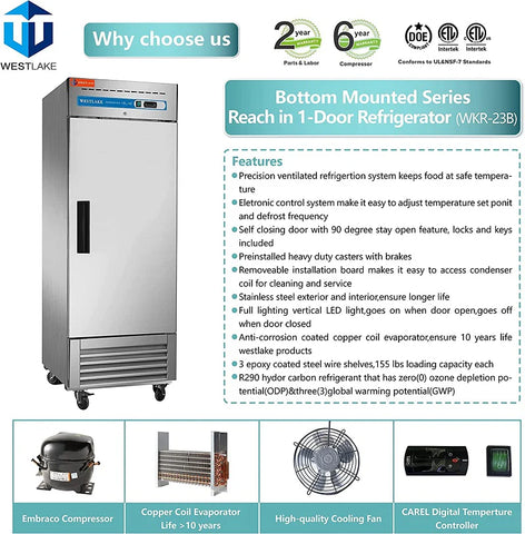 Westlake WKR-23B Commercial Refrigerator, 27" W Reach in Fridge Solid 1 Door 23 Cu.ft Upright Cooler for Restaurant, Bar, Shop, etc