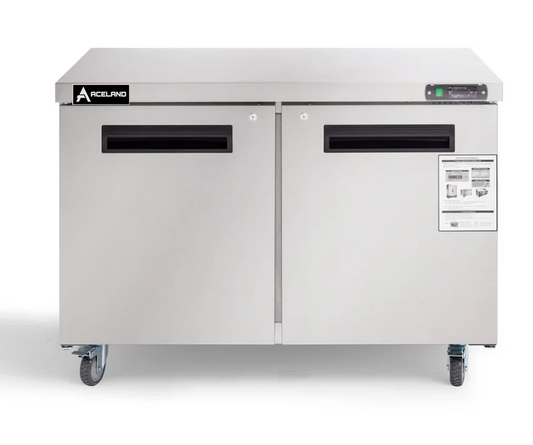Aceland AUCF-48B 48" W Commercial Freezer Worktop Undercounter Freezer 12 Cu.ft Double Door Stainless Steel Counter Fan Cooling Freezer Food Prep Station for Restaurant, Bar Equipment