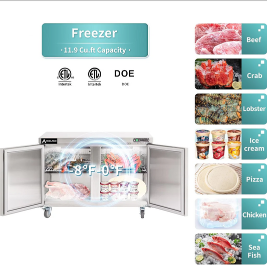 Aceland AUCF-48B 48" W Commercial Freezer Worktop Undercounter Freezer 12 Cu.ft Double Door Stainless Steel Counter Fan Cooling Freezer Food Prep Station for Restaurant, Bar Equipment