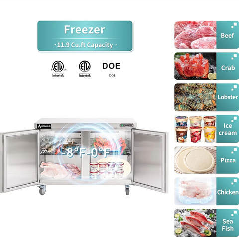 Aceland AUCF-48B 48" W Commercial Freezer Worktop Undercounter Freezer 12 Cu.ft Double Door Stainless Steel Counter Fan Cooling Freezer Food Prep Station for Restaurant, Bar Equipment