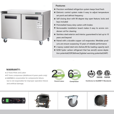 Aceland AUCF-48B 48" W Commercial Freezer Worktop Undercounter Freezer 12 Cu.ft Double Door Stainless Steel Counter Fan Cooling Freezer Food Prep Station for Restaurant, Bar Equipment